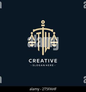TW initial logo with scale of justice and shield icon, luxury and elegant law firm logo style Stock Vector