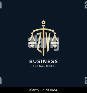 ZV initial logo with scale of justice and shield icon, luxury and elegant law firm logo style Stock Vector