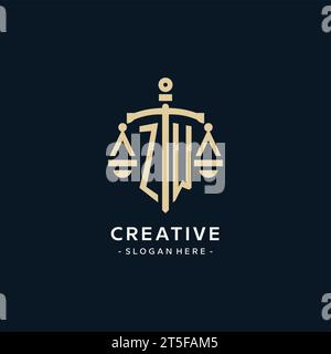 ZW initial logo with scale of justice and shield icon, luxury and elegant law firm logo style Stock Vector
