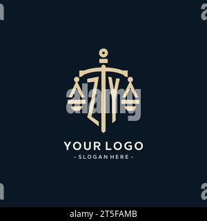 ZY initial logo with scale of justice and shield icon, luxury and elegant law firm logo style Stock Vector