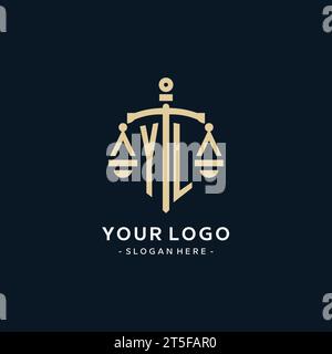 YL initial logo with scale of justice and shield icon, luxury and elegant law firm logo style Stock Vector