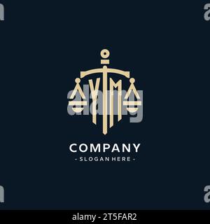 YM initial logo with scale of justice and shield icon, luxury and elegant law firm logo style Stock Vector