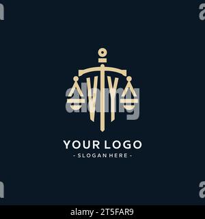 VY initial logo with scale of justice and shield icon, luxury and elegant law firm logo style Stock Vector