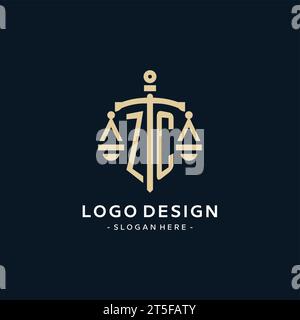ZC initial logo with scale of justice and shield icon, luxury and elegant law firm logo style Stock Vector