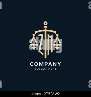 ZM initial logo with scale of justice and shield icon, luxury and elegant law firm logo style Stock Vector