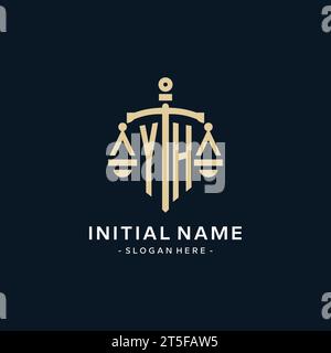 YH initial logo with scale of justice and shield icon, luxury and elegant law firm logo style Stock Vector