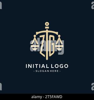 ZG initial logo with scale of justice and shield icon, luxury and elegant law firm logo style Stock Vector