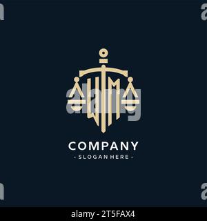 WM initial logo with scale of justice and shield icon, luxury and elegant law firm logo style Stock Vector