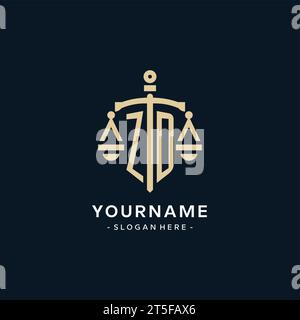 ZD initial logo with scale of justice and shield icon, luxury and elegant law firm logo style Stock Vector