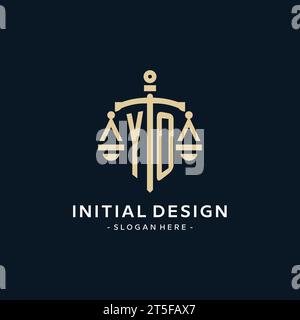 YO initial logo with scale of justice and shield icon, luxury and elegant law firm logo style Stock Vector