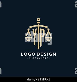 YP initial logo with scale of justice and shield icon, luxury and elegant law firm logo style Stock Vector