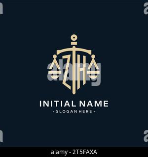 ZH initial logo with scale of justice and shield icon, luxury and elegant law firm logo style Stock Vector