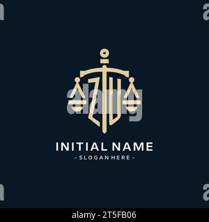 ZU initial logo with scale of justice and shield icon, luxury and elegant law firm logo style Stock Vector