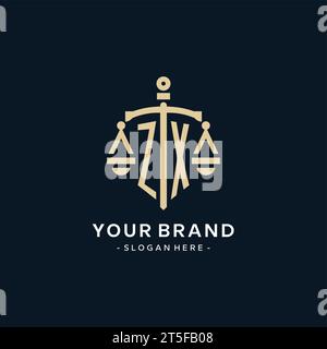 ZX initial logo with scale of justice and shield icon, luxury and elegant law firm logo style Stock Vector