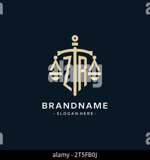 ZR initial logo with scale of justice and shield icon, luxury and elegant law firm logo style Stock Vector