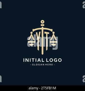 YT initial logo with scale of justice and shield icon, luxury and elegant law firm logo style Stock Vector