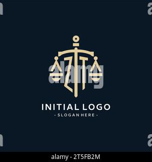 ZT initial logo with scale of justice and shield icon, luxury and elegant law firm logo style Stock Vector