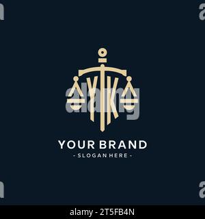 YK initial logo with scale of justice and shield icon, luxury and elegant law firm logo style Stock Vector
