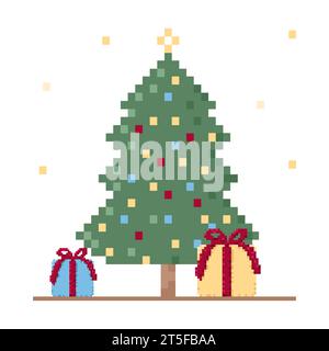 Christmas tree icon with gifts in pixel art Stock Vector