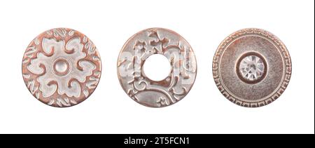 Group of three metal sewing clothing buttons isolated on white background Stock Photo