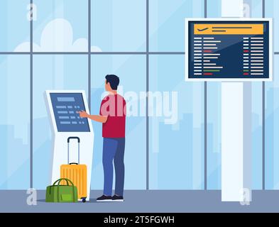 Man self check in at automatic machine in airport terminal. Buying ticket using interactive terminal. Airport interior with panoramic windows, departu Stock Vector