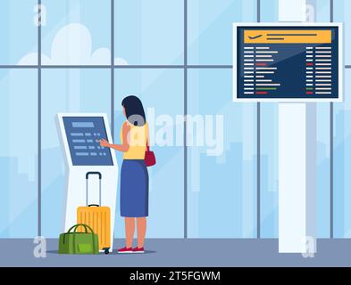 Woman self check in at automatic machine in airport terminal. Buying ticket using interactive terminal. Airport interior with panoramic windows, depar Stock Vector