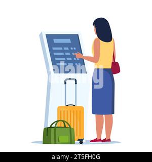 Woman self check in at automatic machine in airport terminal. Buying ticket using interactive terminal. Vector illustration Stock Vector