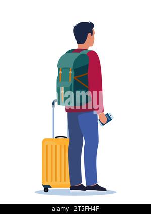Man with wheeled suitcase and backpack stand with passport and ticket in her hand. Passenger in airport stands with back half turned. Travel concept. Stock Vector