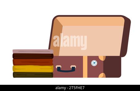Pile of clothes and suitcase. Packing luggage for business trip or vacation. Stack of clothes and baggage. Vector illustration Stock Vector
