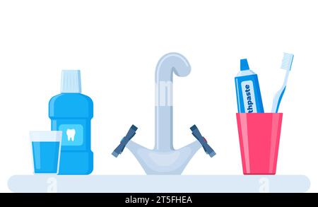 Bathroom sink with toothpaste and toothbrush, mouthwash, glass of water. Dental cleaning tools. Oral care and hygiene products. Vector illustration Stock Vector