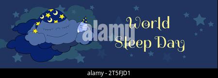 Horizontal banner cloud and raindrop in a nightcap sleep peacefully among the clouds and stars in the night sky. Concept of night rest. Stock Vector