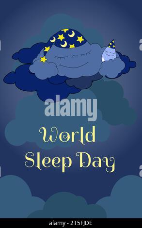 Vertical postcard World Sleep Day.The cartoon thundercloud  in a nightcap sleeps on the clouds in the night sky. Flat design vector illustration. Stock Vector