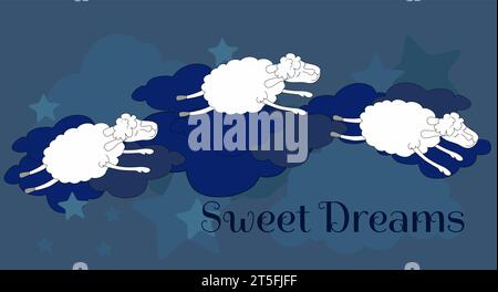 Baner white sheep are jumping in the clouds against the blue sky. Cartoon illustration of a symbol of good sleep and the tradition of counting sheep. Stock Vector