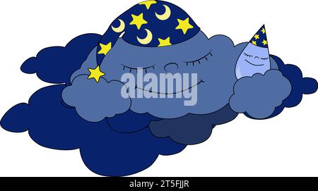 Cute cloud and droplet in caps is sleeping in the clouds and smiling happily. Illustration on white background. Image for children's design, prints an Stock Vector