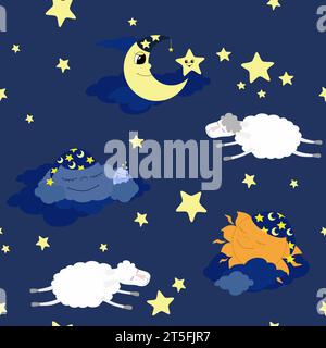 Seamless pattern white sheep jumping in the night sky and a cloud in a nightcap and the sun. Pattern for pajamas, bed for children. Stock Vector
