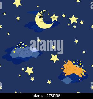 Seamless pattern moon and sleeping sun and sleeping cloud in nightcaps in the night sky. Pattern for pajamas, bed for children. Stock Vector