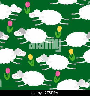 Sheep of white color on a green background between flowers of tulips. Seamless pattern in flat cartoon childish style. Stock Vector