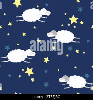 Seamless pattern white sheep jumping in the night sky. Pattern for pajamas, bed for children, clothes in children's flat style. Stock Vector