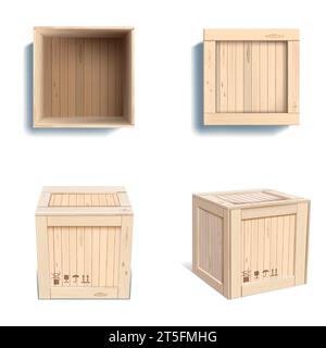 Wood box. Wooden open gift, cargo package with texture and fragile labels, empty container realistic mockup, brown board. Warehouse and delivery equip Stock Vector