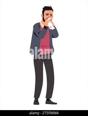 Sick character. Cartoon man with fever or corona virus illness symptoms. Patient with handkerchief suffering from influenza infection. Sneeze or cough Stock Vector