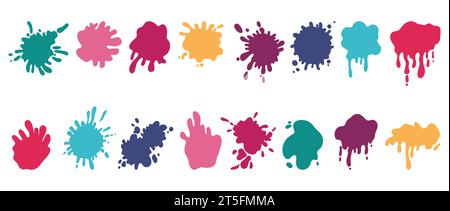 Paint stains. Colorful splash, splat drops, color ink drip, liquid brush splatter, blot or spray blotch. Different shapes silhouettes with flowing dro Stock Vector