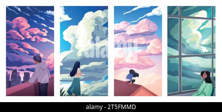 Summer nature. People walk in park. Person looking at sky clouds through window. Admire sunset. Scenic scenery. Man relaxing on roof. Couple traveling Stock Vector