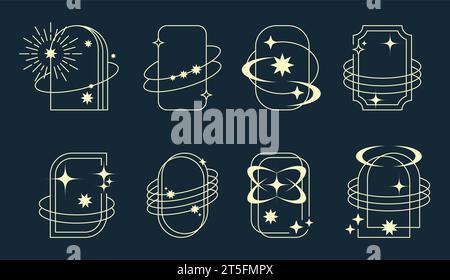 Y2K frames. Design logo. Outline banner with arrows or stars. Retro borders template. Circle and square geometric cute lines. Minimal aesthetic elemen Stock Vector