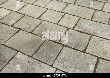 Dirty garden patio paving slabs before cleaning. UK garden with grey sandstone paving. Stock Photo