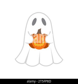 Flying ghost holding pumpkin. Scary white ghosts. Cute cartoon character. Isolated white background Greeting card. Vector illustration Stock Vector