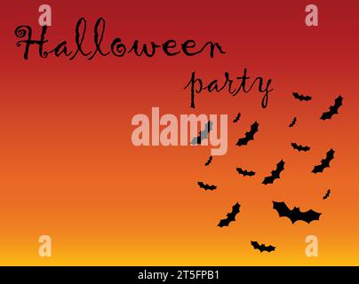Bats on bright orange background with the word Halloween party. Halloween theme. Top view Stock Vector