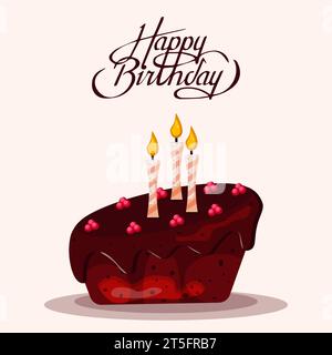 Chocolate birthday cake with candles. Happy Birthday greeting card design element. Cartoon style vector clip art illustration. Stock Vector