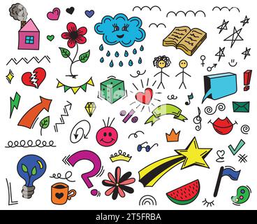 Hand drawn colored set of simple decorative elements. Various icons such as hearts, stars, speech bubbles, arrows, lines isolated on white background. Stock Vector