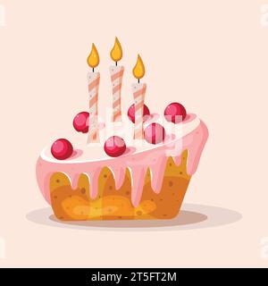 Cartoon cake illustration with candle.Cake for birthday celebration with three candles. Stock Vector