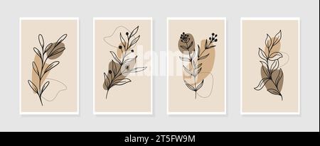 Vector set of boho minimal wall art. Trendy pictures with plants and abstract organic shapes. Botanical illustration Stock Vector